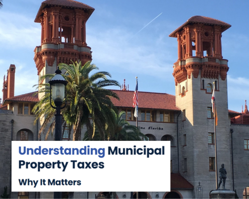 Stone building with twin red-roof towers, palm tree, text “Understanding Municipal Property Taxes
