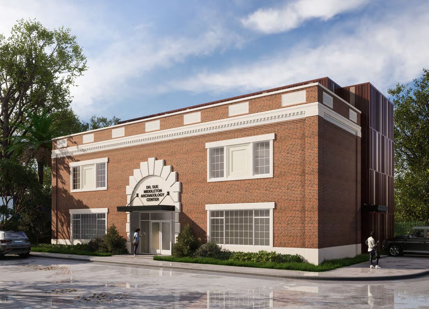 Architectural rendering of red brick building with trees and landscaping